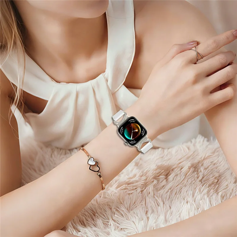 Genuine Cow Leather Strap with Starlight Buckle for Huawei Watch Fit 4 / Fit 4 Pro / Fit 3 , Rhinestone Connector Watch Band - White