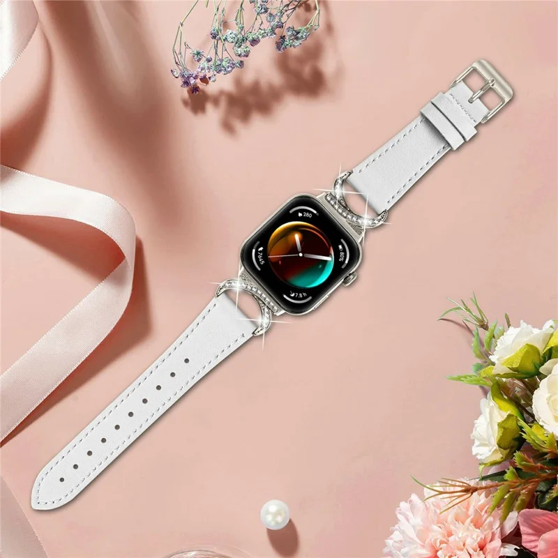 Genuine Cow Leather Strap with Starlight Buckle for Huawei Watch Fit 4 / Fit 4 Pro / Fit 3 , Rhinestone Connector Watch Band - White