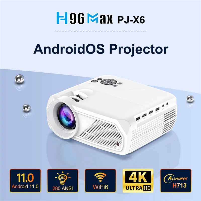 H96 Max PJ-X6 Android 11 Smart Projector 1080P Native 280 ANSI WiFi 6 Bluetooth-compatible 5.4 Home Theater System - EU Plug