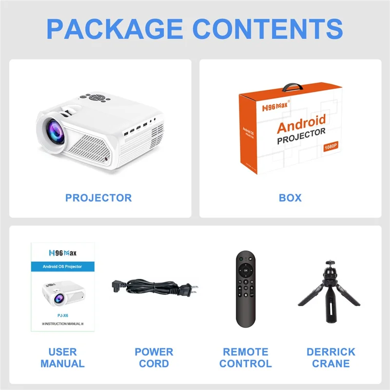 H96 Max PJ-X6 Android 11 Smart Projector 1080P Native 280 ANSI WiFi 6 Bluetooth-compatible 5.4 Home Theater System - EU Plug