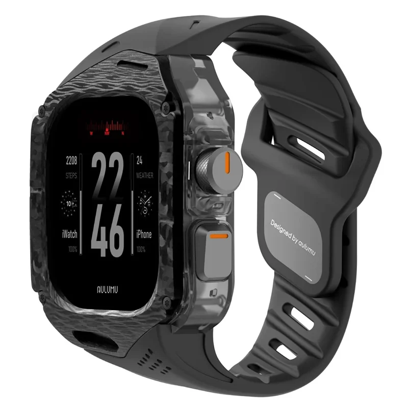 AULUMU A01 Für Apple Watch Ultra 2 49 mm / Ultra 49 mm Fluoroelastomer Armband mit integriertem Carbon + PC-Uhrengehäuse – Schwarz