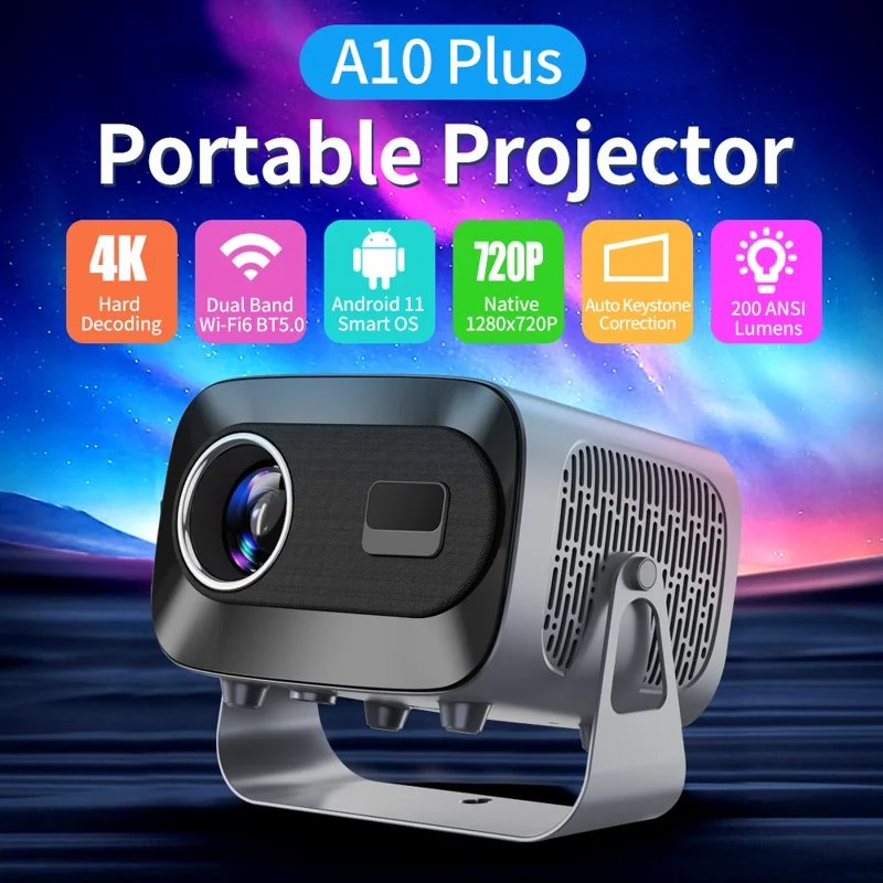 A10 PLUS Projecteur Portable Intelligent 720P Native Décodeur 4K Android 11 WiFi 200 Lumens ANSI Home Cinéma - Noir / Prise UE