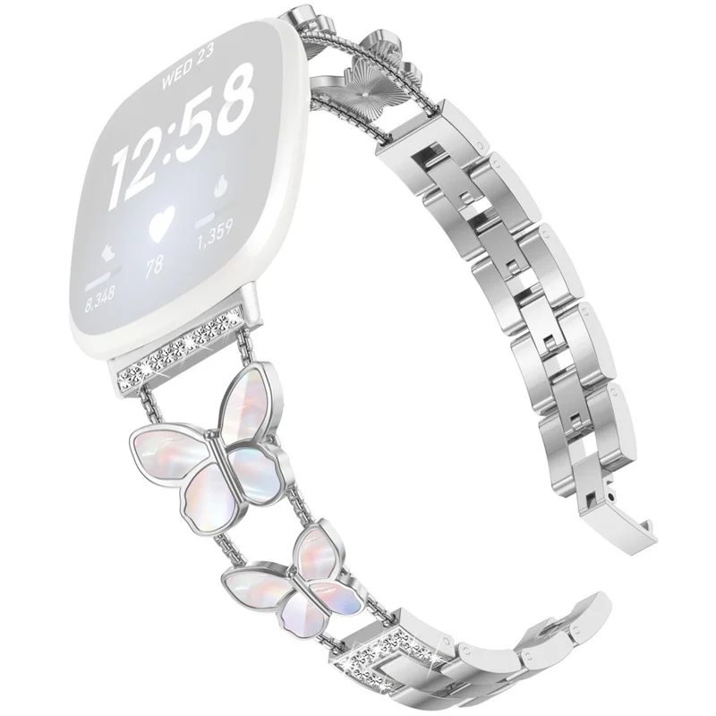 Watch Band for 	Fitbit Versa 4 / Versa 3 / Sense 2 , Butterfly Rhinestone Decor Metal Chain Wrist Strap - Silver