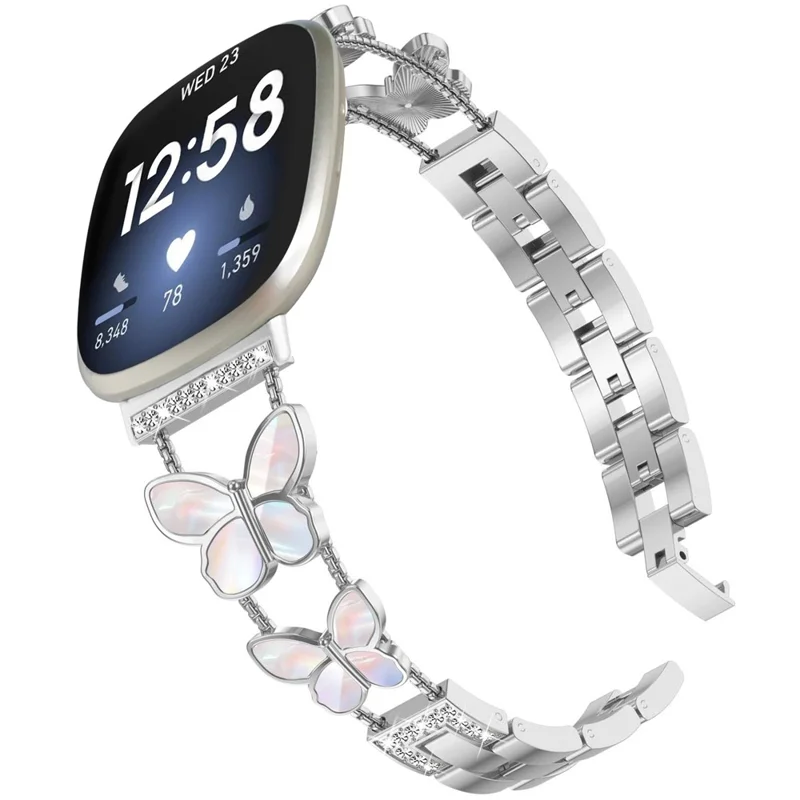Watch Band for 	Fitbit Versa 4 / Versa 3 / Sense 2 , Butterfly Rhinestone Decor Metal Chain Wrist Strap - Silver