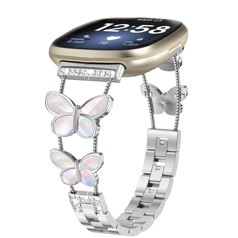 Watch Band for 	Fitbit Versa 4 / Versa 3 / Sense 2 , Butterfly Rhinestone Decor Metal Chain Wrist Strap - Silver