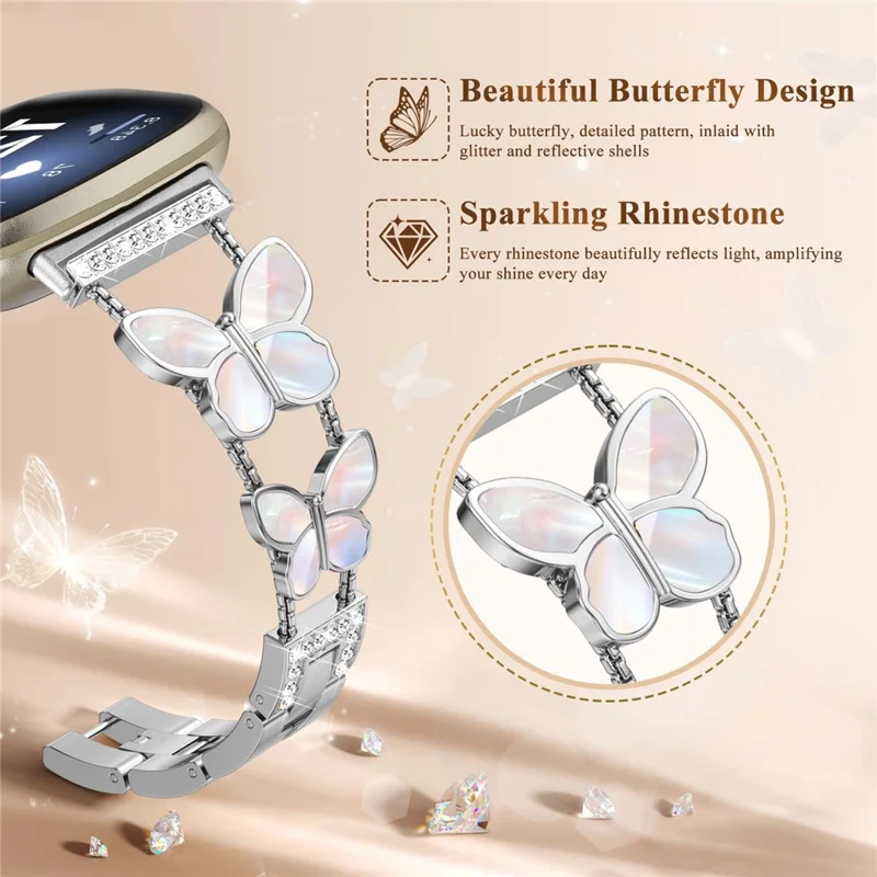 Watch Band for 	Fitbit Versa 4 / Versa 3 / Sense 2 , Butterfly Rhinestone Decor Metal Chain Wrist Strap - Silver