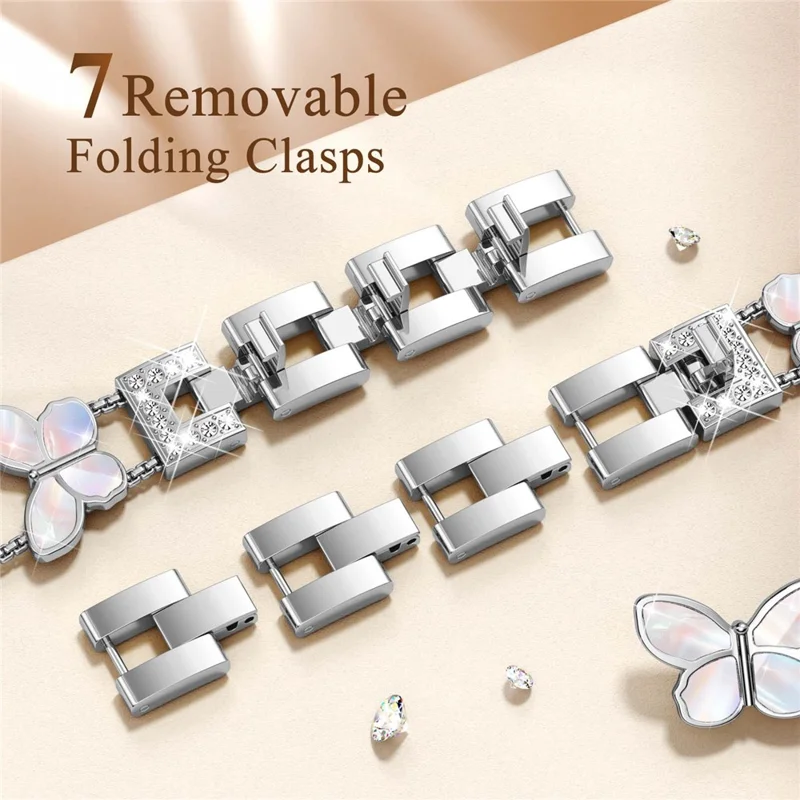 Watch Band for 	Fitbit Versa 4 / Versa 3 / Sense 2 , Butterfly Rhinestone Decor Metal Chain Wrist Strap - Silver