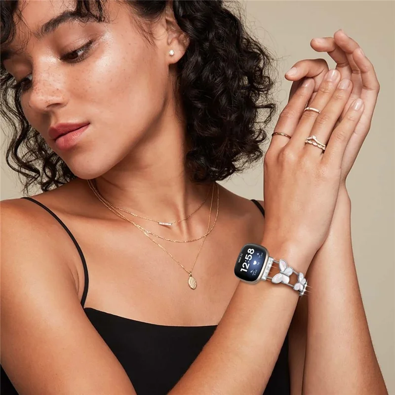 Watch Band for 	Fitbit Versa 4 / Versa 3 / Sense 2 , Butterfly Rhinestone Decor Metal Chain Wrist Strap - Silver