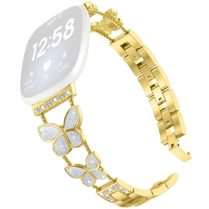 Watch Band for Fitbit Versa 4 / Versa 3 / Sense 2 , Butterfly Rhinestone Decor Electroplated Alloy Strap - Gold / Glitter Shell