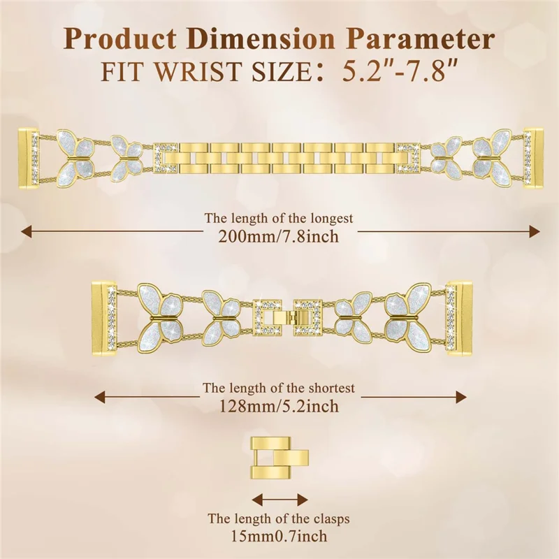 Watch Band for Fitbit Versa 4 / Versa 3 / Sense 2 , Butterfly Rhinestone Decor Electroplated Alloy Strap - Gold / Glitter Shell