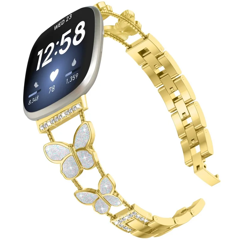 Watch Band for Fitbit Versa 4 / Versa 3 / Sense 2 , Butterfly Rhinestone Decor Electroplated Alloy Strap - Gold / Glitter Shell
