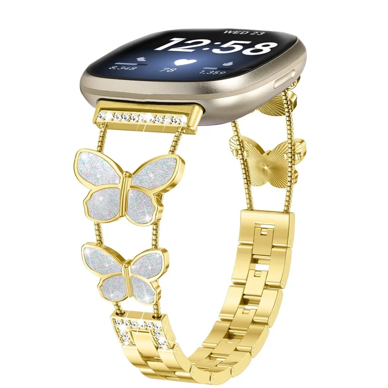 Watch Band for Fitbit Versa 4 / Versa 3 / Sense 2 , Butterfly Rhinestone Decor Electroplated Alloy Strap - Gold / Glitter Shell