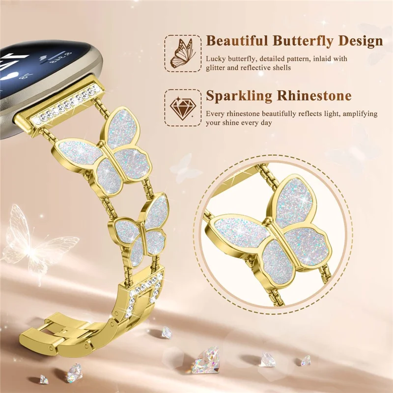 Watch Band for Fitbit Versa 4 / Versa 3 / Sense 2 , Butterfly Rhinestone Decor Electroplated Alloy Strap - Gold / Glitter Shell