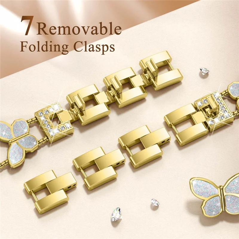 Watch Band for Fitbit Versa 4 / Versa 3 / Sense 2 , Butterfly Rhinestone Decor Electroplated Alloy Strap - Gold / Glitter Shell