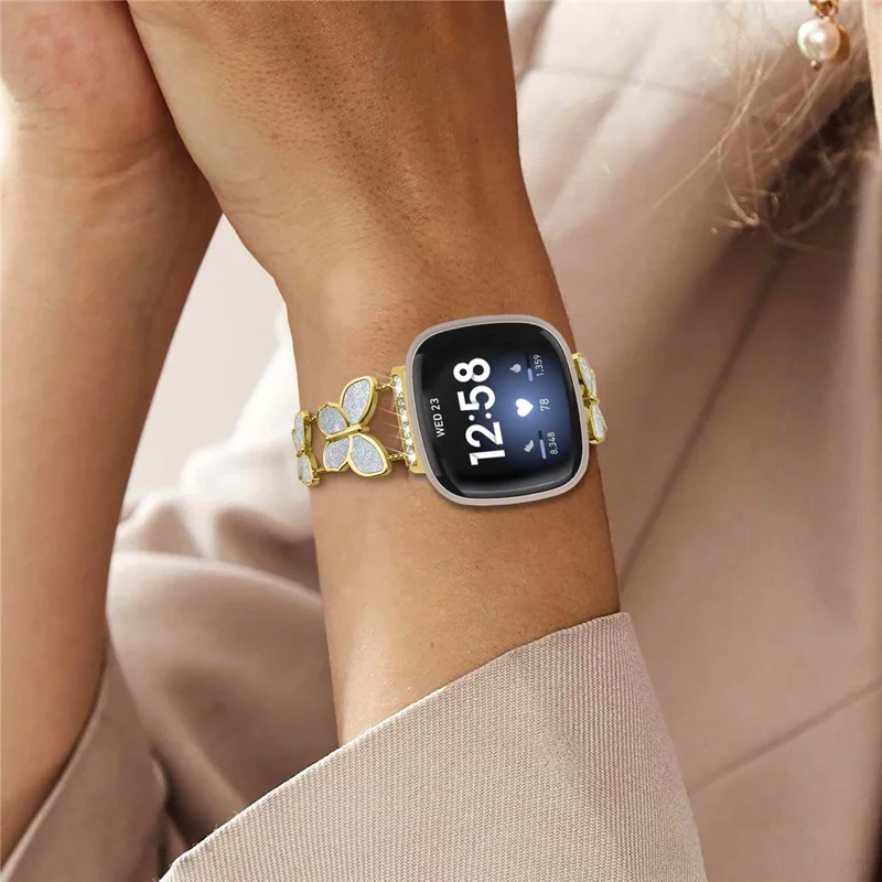 Watch Band for Fitbit Versa 4 / Versa 3 / Sense 2 , Butterfly Rhinestone Decor Electroplated Alloy Strap - Gold / Glitter Shell