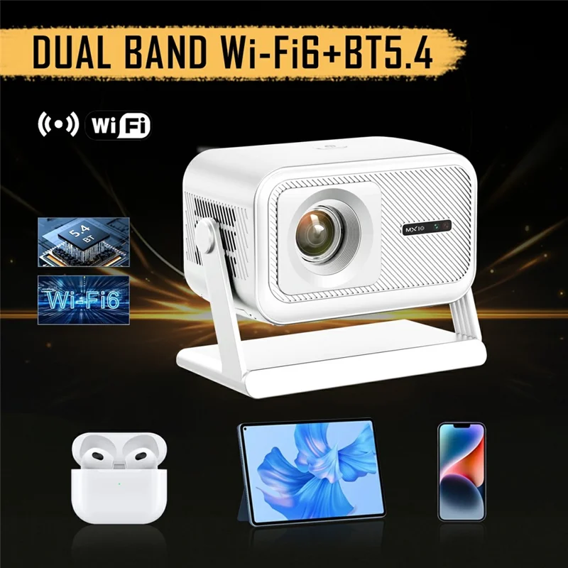 MX10 Mini Projector 4K 1080P 400 ANSI Lumens Bluetooth-compatible WiFi 6 Electric Auto Focus Portable Projector for Home Theater - White  /  EU Plug