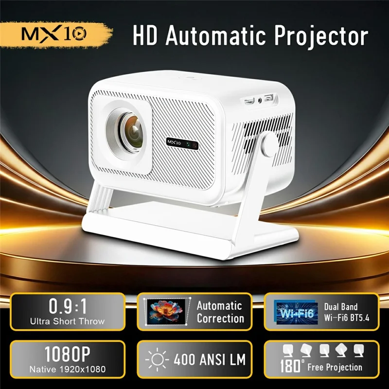 MX10 Mini Projector 4K 1080P 400 ANSI Lumens Bluetooth-compatible WiFi 6 Electric Auto Focus Portable Projector for Home Theater - White  /  EU Plug