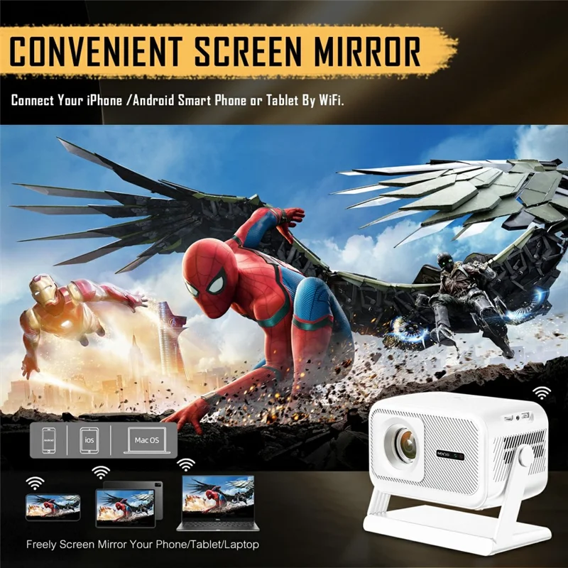 MX10 Mini Projector 4K 1080P 400 ANSI Lumens Bluetooth-compatible WiFi 6 Electric Auto Focus Portable Projector for Home Theater - White  /  EU Plug