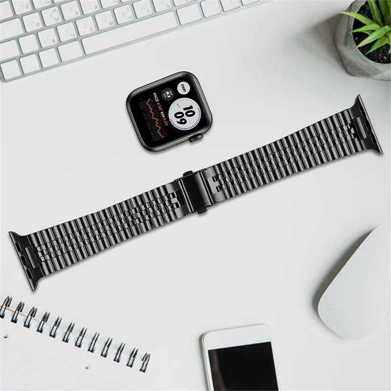 Five Beads Stainless Steel Watch Band Replacement Wrist Strap for Apple Watch Series 11 10 42mm / 9 8 7 41mm / SE3 SE2 SE 6 5 4 40mm / 3 2 1 38mm - Black