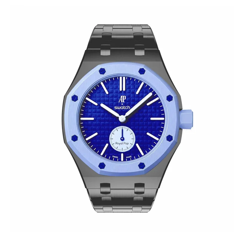 For Swatch Royal Pop Stainless Steel Watch Case with Integrated Watch Strap Adjustable Metal Wristband - Black / 3 O'clock Direction