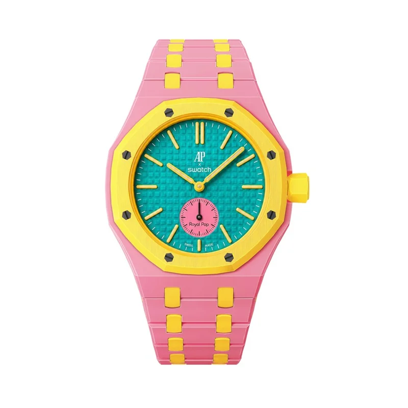 For Swatch Royal Pop Ceramic Strap with Case Dual Color Watch Band Replacement - Pink Yellow / 3 O'Clock Crown