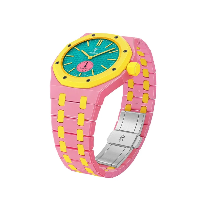 For Swatch Royal Pop Ceramic Strap with Case Dual Color Watch Band Replacement - Pink Yellow / 3 O'Clock Crown