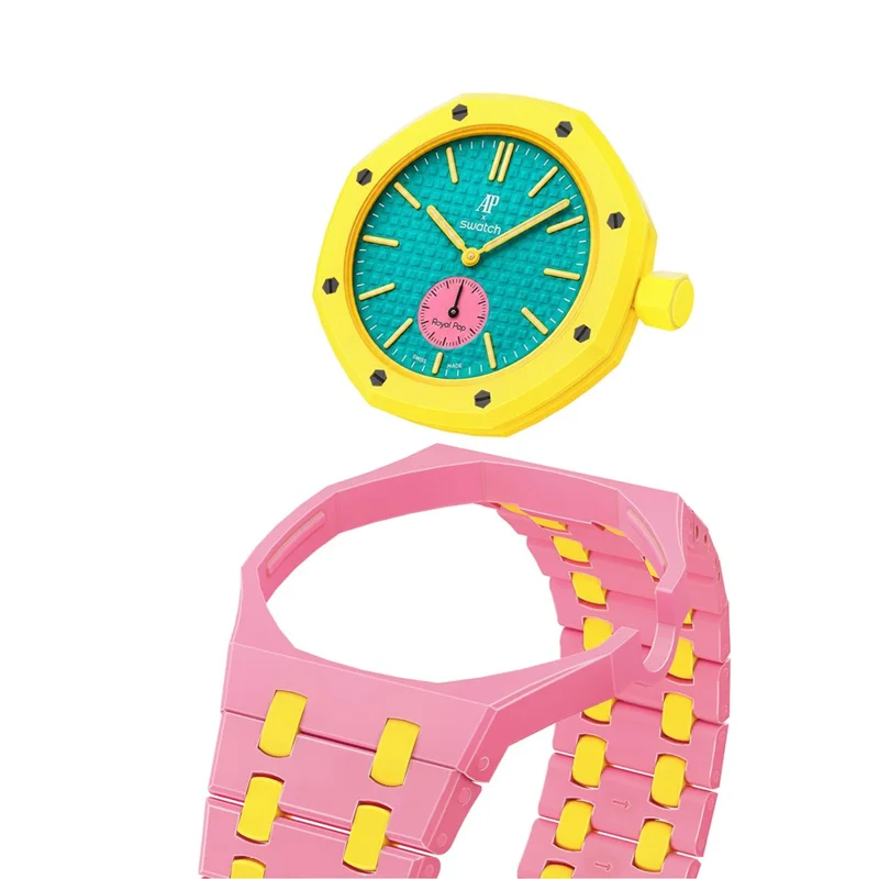 For Swatch Royal Pop Ceramic Strap with Case Dual Color Watch Band Replacement - Pink Yellow / 3 O'Clock Crown