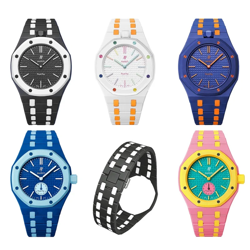 For Swatch Royal Pop Ceramic Strap with Case Dual Color Watch Band Replacement - Pink Yellow / 3 O'Clock Crown