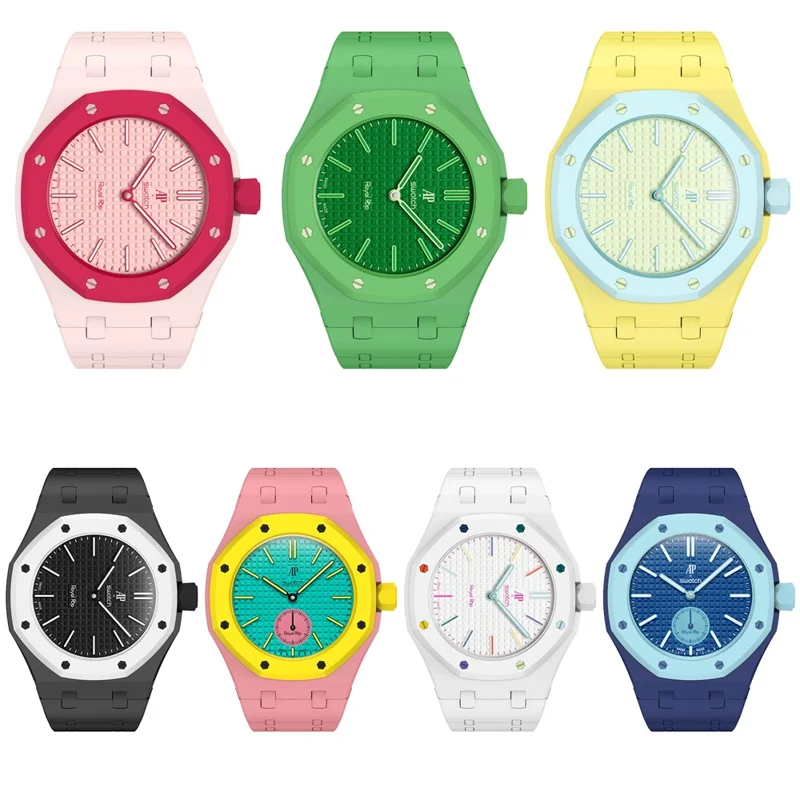 For Swatch Royal Pop Silicone Magnetic Strap with Case Watch Band Replacement - Pink  /  3 O'Clock Crown