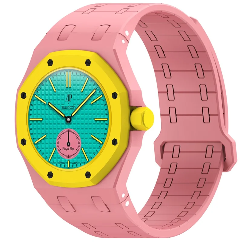 For Swatch Royal Pop Silicone Magnetic Strap with Case Watch Band Replacement - Pink  /  3 O'Clock Crown