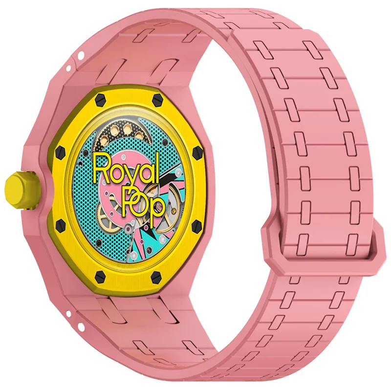For Swatch Royal Pop Silicone Magnetic Strap with Case Watch Band Replacement - Pink  /  3 O'Clock Crown