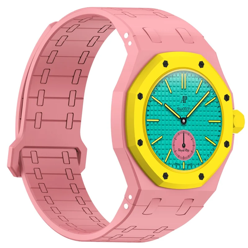 For Swatch Royal Pop Silicone Magnetic Strap with Case Watch Band Replacement - Pink  /  3 O'Clock Crown