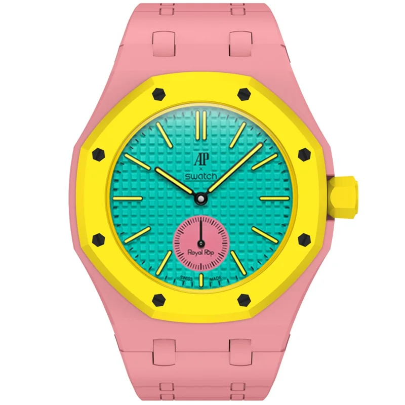 For Swatch Royal Pop Silicone Magnetic Strap with Case Watch Band Replacement - Pink  /  3 O'Clock Crown