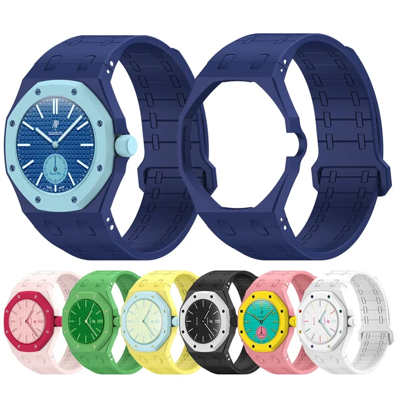 For Swatch Royal Pop Silicone Magnetic Strap with Case Watch Band Replacement - Pink  /  3 O'Clock Crown