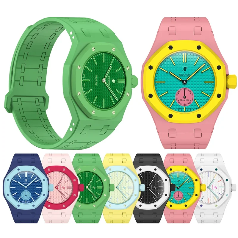 For Swatch Royal Pop Silicone Magnetic Strap with Case Watch Band Replacement - Pink  /  3 O'Clock Crown