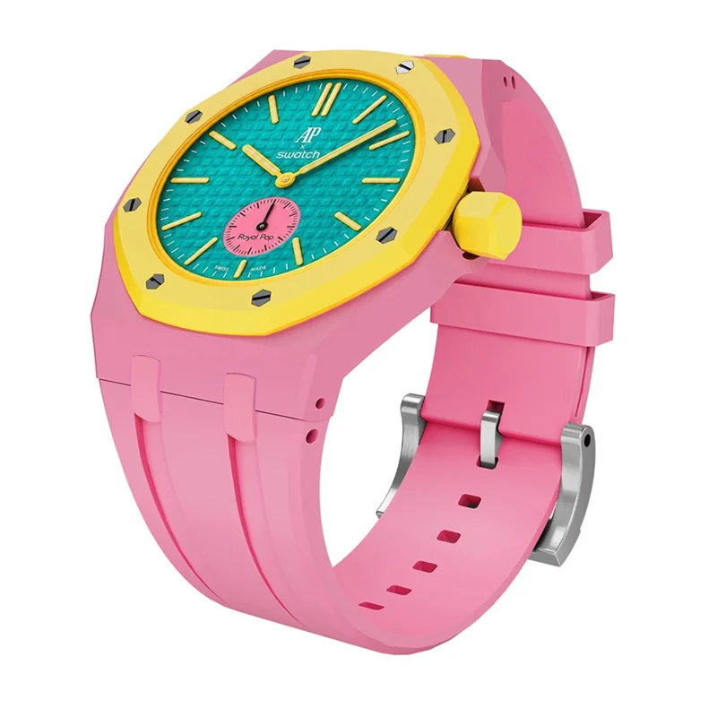 For Swatch Royal Pop Silicone Band with Ceramic Case Watch Strap Replacement - Pink / 3 O'Clock Crown