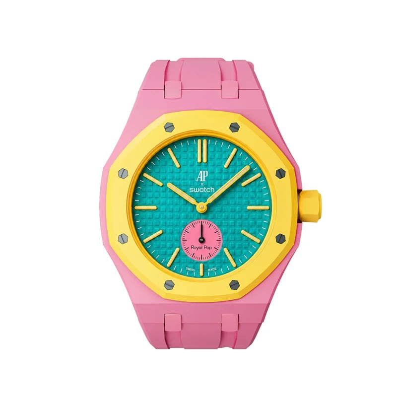 For Swatch Royal Pop Silicone Band with Ceramic Case Watch Strap Replacement - Pink / 3 O'Clock Crown