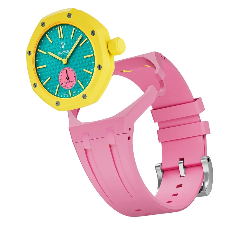 For Swatch Royal Pop Silicone Band with Ceramic Case Watch Strap Replacement - Pink / 3 O'Clock Crown