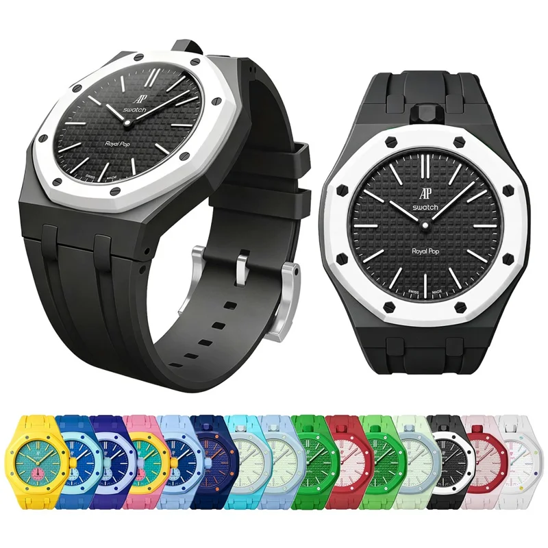 For Swatch Royal Pop Silicone Band with Ceramic Case Watch Strap Replacement - Pink / 3 O'Clock Crown