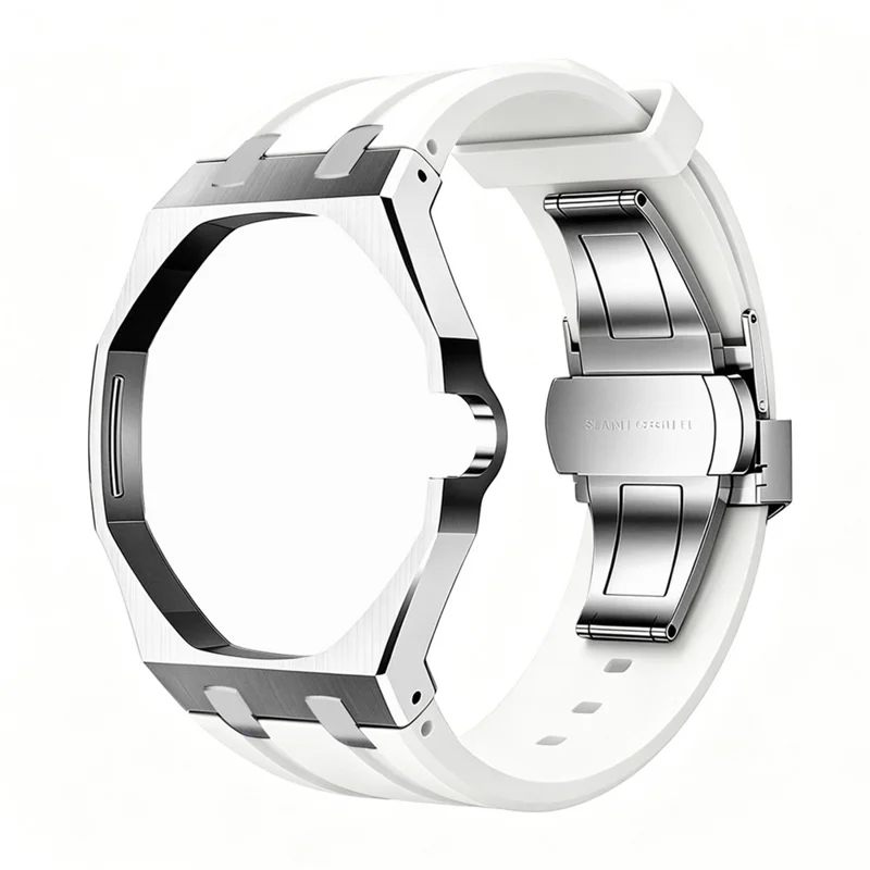 For Swatch Royal Pop Silver Metal Case with Silicone Strap Replacement - Silver Case + White Band / 3 O'Clock Crown