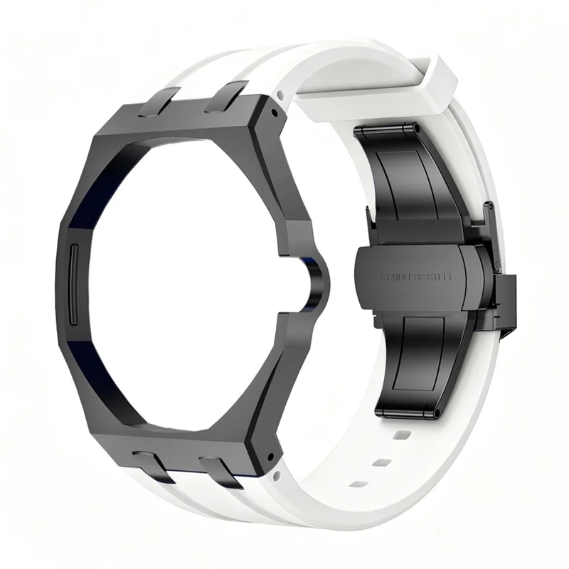 For Swatch Royal Pop Black Metal Case with Silicone Strap Replacement - Black Case + White Band / 3 O'Clock Crown