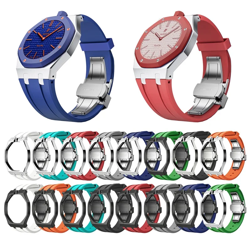 For Swatch Royal Pop Black Metal Case with Silicone Strap Replacement - Black Case + White Band / 3 O'Clock Crown
