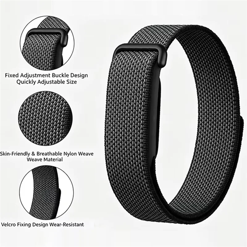 For Google Fitbit Air Breathable Nylon Loop Band Magic Tape Adjustable Sports Watch Strap - Black