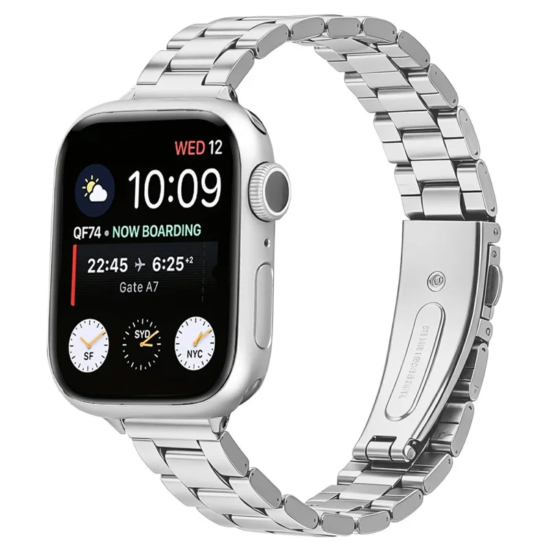 Stainless Steel Band for Apple Watch Ultra 4 3 2 1 49mm / Series 12 11 10 46mm / 9 8 7 45mm / SE3 SE2 SE 6 5 4 44mm / 3 2 1 42mm Three-bead Watch Strap with Folding Clasp - Silver