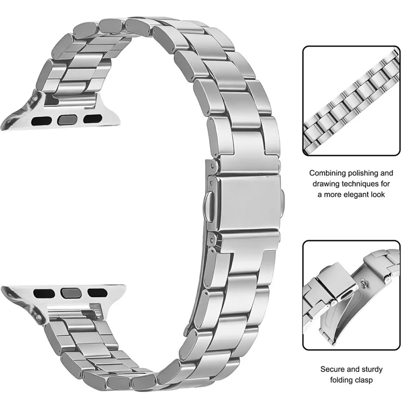 Stainless Steel Band for Apple Watch Ultra 4 3 2 1 49mm / Series 12 11 10 46mm / 9 8 7 45mm / SE3 SE2 SE 6 5 4 44mm / 3 2 1 42mm Three-bead Watch Strap with Folding Clasp - Silver