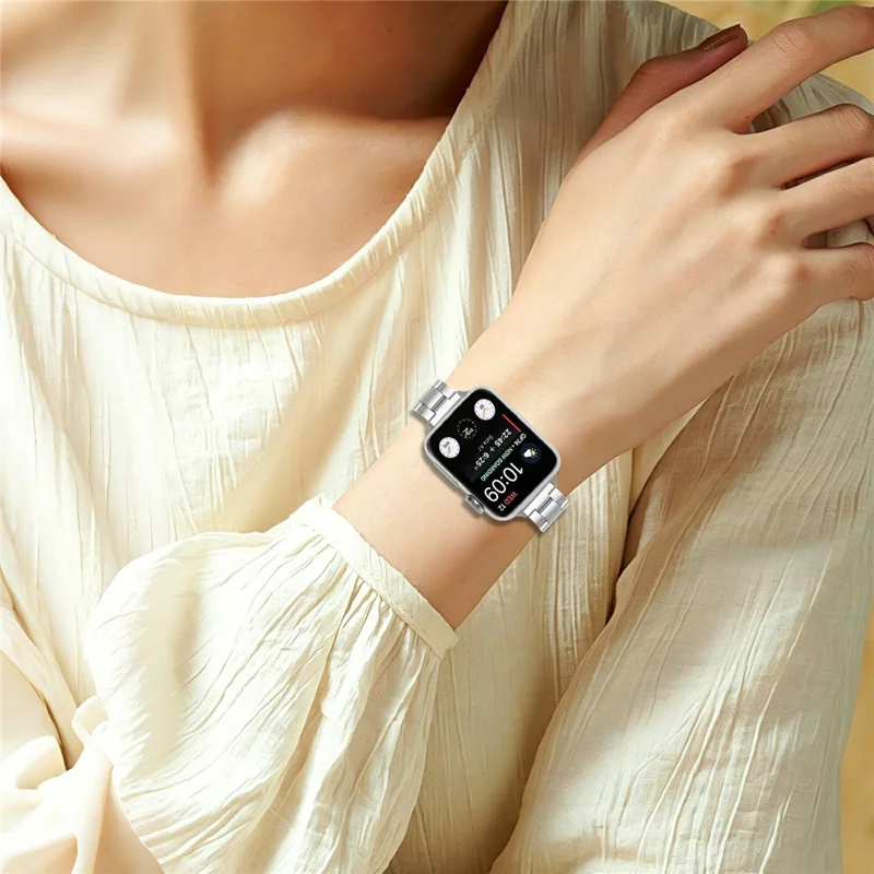 Stainless Steel Band for Apple Watch Ultra 4 3 2 1 49mm / Series 12 11 10 46mm / 9 8 7 45mm / SE3 SE2 SE 6 5 4 44mm / 3 2 1 42mm Three-bead Watch Strap with Folding Clasp - Silver