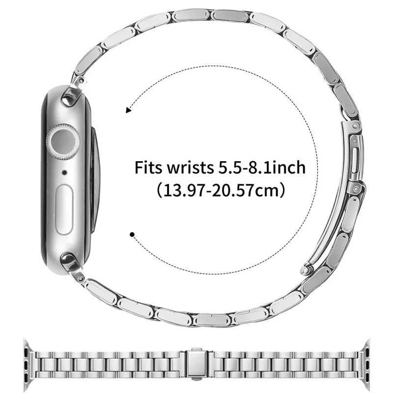 Stainless Steel Band for Apple Watch Ultra 4 3 2 1 49mm / Series 12 11 10 46mm / 9 8 7 45mm / SE3 SE2 SE 6 5 4 44mm / 3 2 1 42mm Three-bead Watch Strap with Folding Clasp - Silver