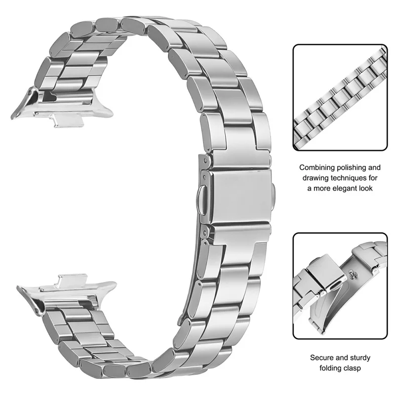 Edelstahlarmband für Xiaomi Smart Band 10 Pro / 9 Pro / 8 Pro / Redmi Watch 6 / 5 / 4, Dreikugel-Uhrenarmband mit Faltverschluss – Silber