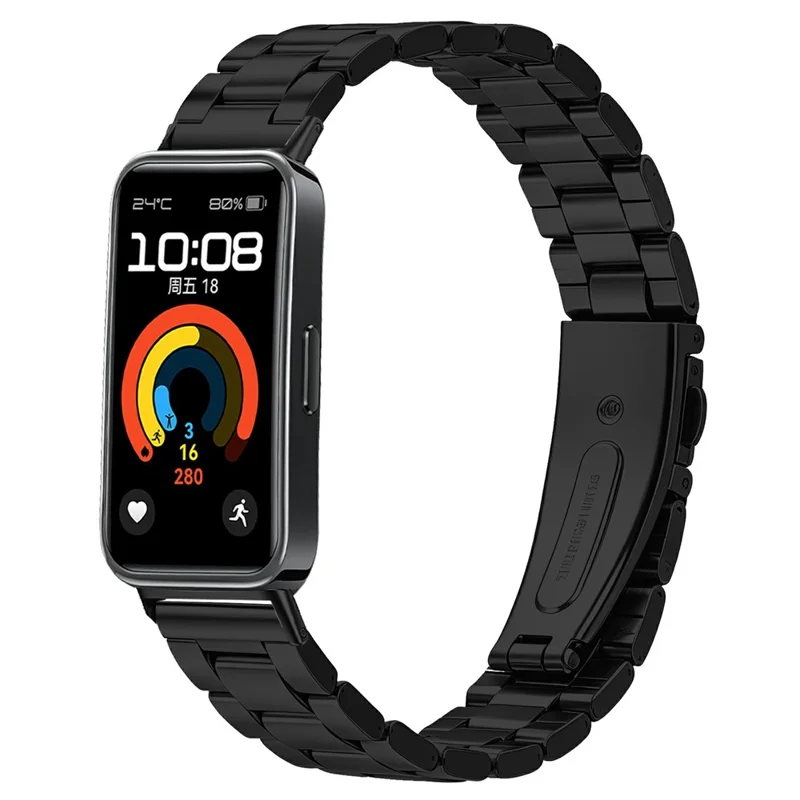 Watch Strap for Huawei Band 10 / 9 / 8 Stainless Steel Three-bead Band with Folding Clasp - Black