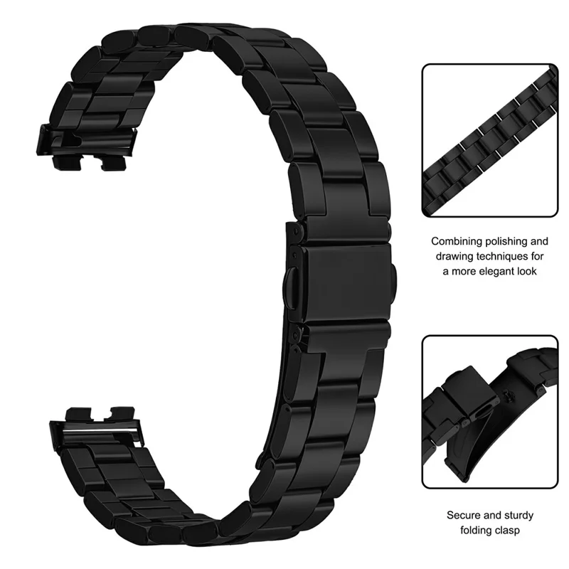 Watch Strap for Huawei Band 10 / 9 / 8 Stainless Steel Three-bead Band with Folding Clasp - Black